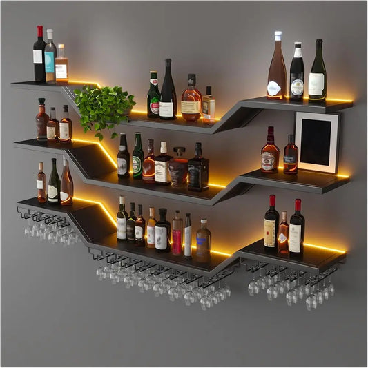 39.4 Contemporary LED Wall-Mounted 3-Tier Wine Rack with Glass Holder, Black, Ideal for Home Bar & Dining Area