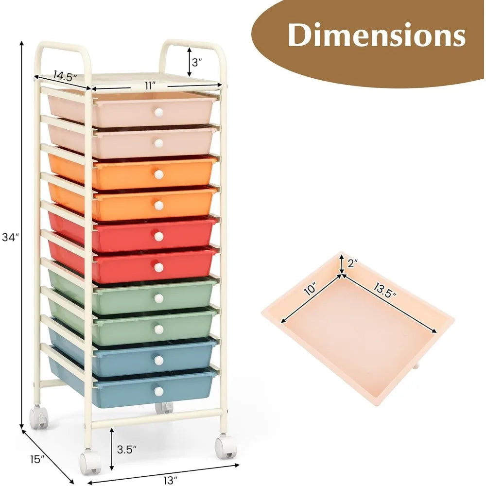 Ten Drawer Rolling Cart with Wheels Metal Frame Mobile Storage Trolley for Small Spaces Makeup Kitchen Office Playroom