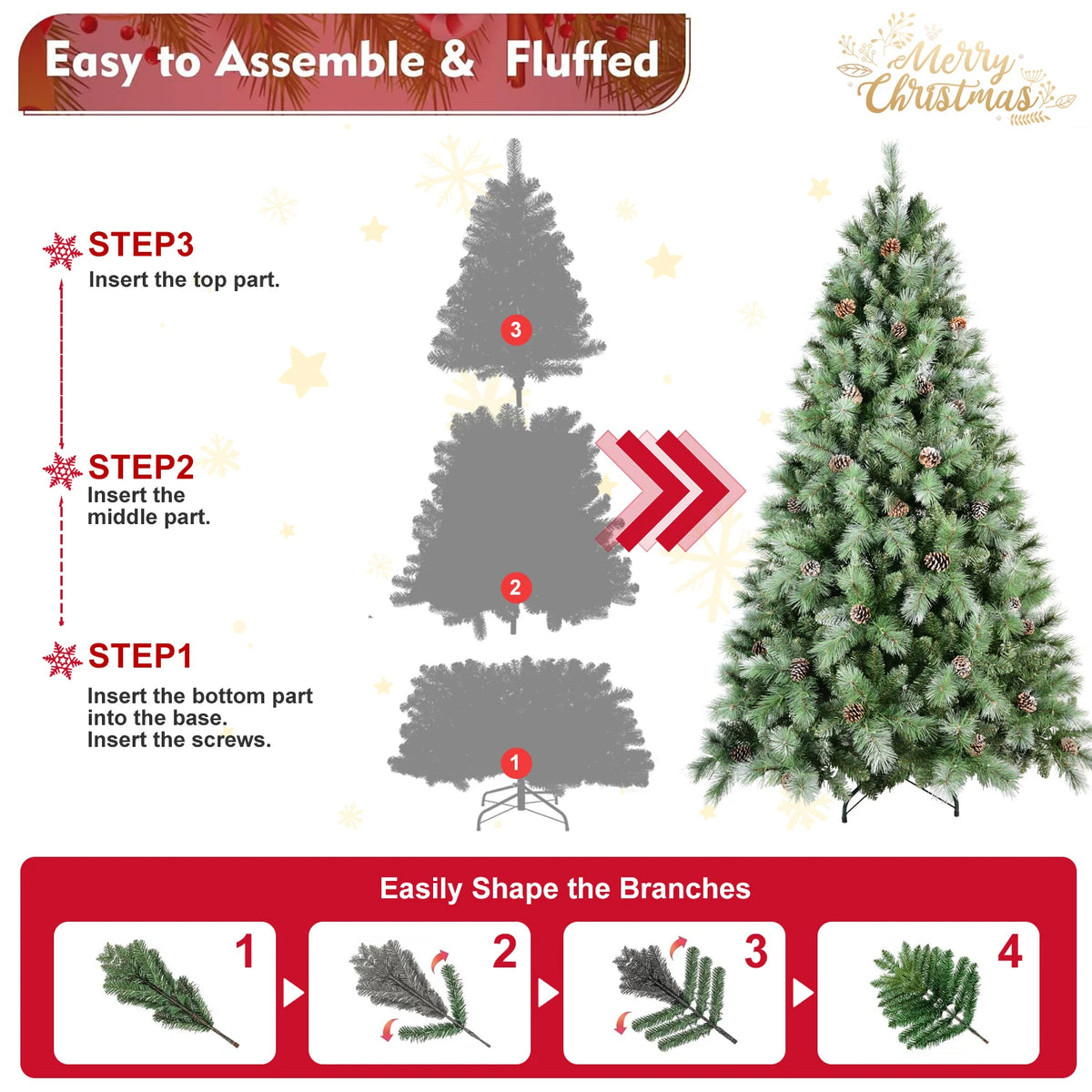 7.5ft Christmas Tree with 92 Pine Cones, 1588 Tip Mixed PVC & Hard Needle Hinged Construction, Easy Setup Artificial Holiday Tree with Heavy-Duty Metal Stand, Green