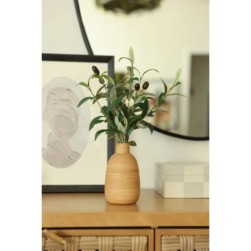 Artificial Olive Arrangement in Wood Finish Ceramic Vase for Tabletops