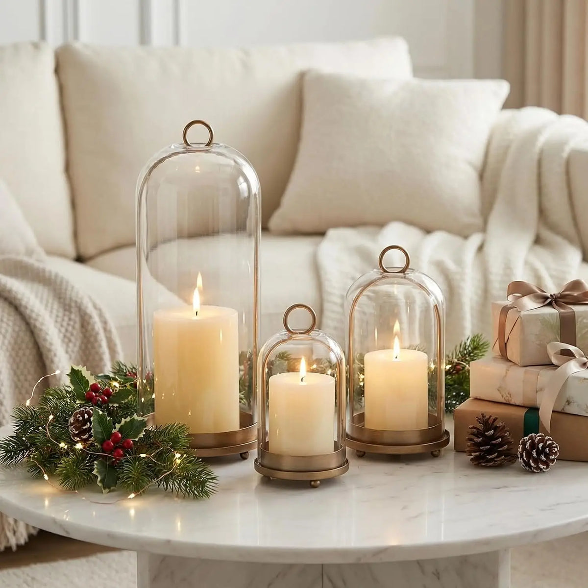 Hurricane Glass Candle Holders Set of 3, Brass Home Decor