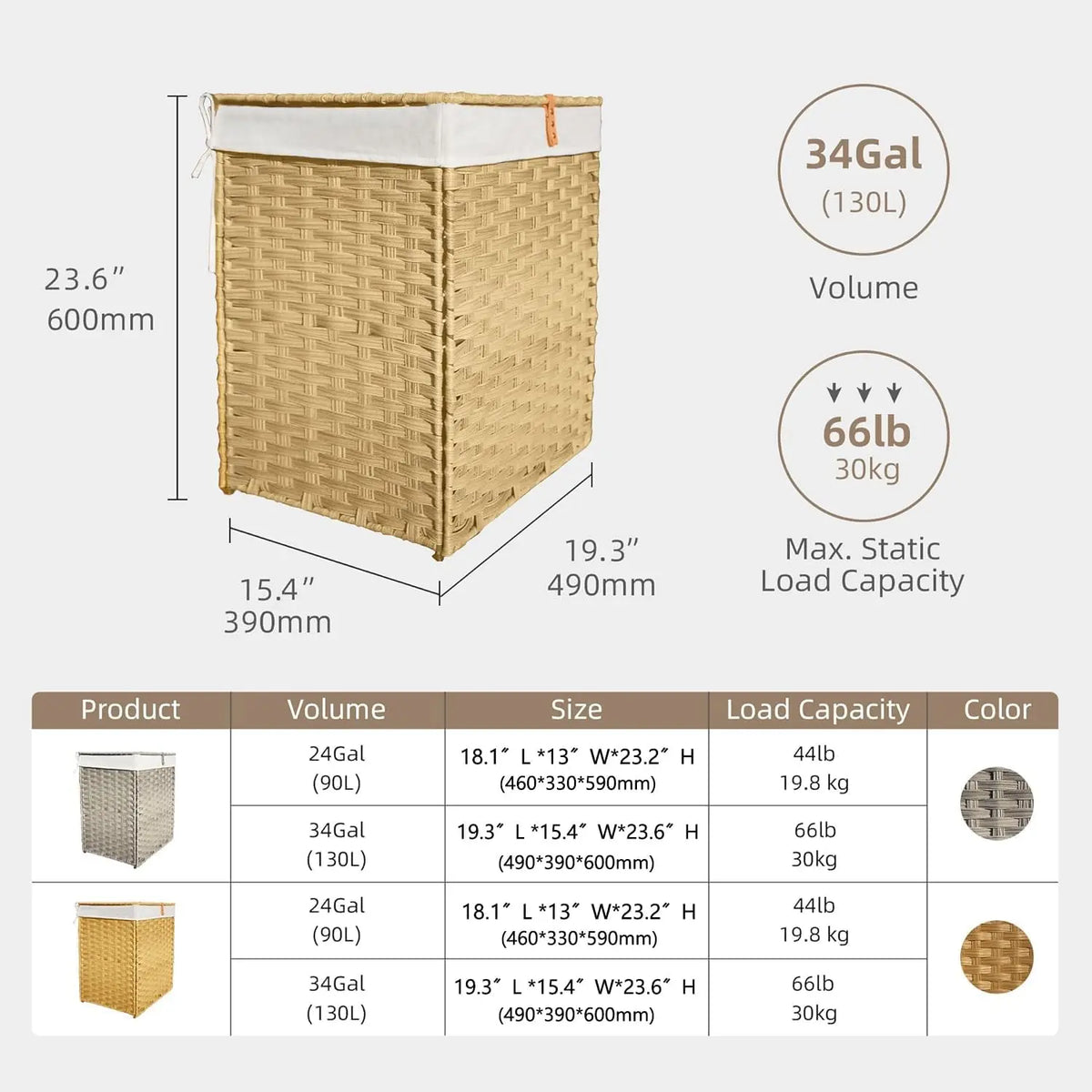 Wicker Laundry Hamper with Lid ,24Gal(90L)/34Gal(130L) Rattan Laundry Basket 2 Sections with Lid, Removable Machine Washable Line, Large Clothes Hamper with Handles for Bathroom Bedroom, Yellow